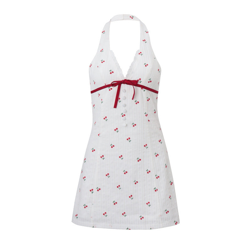 qgtao summer outfits inspo INS Style 2024 Summer New Sweet and Spicy Deep V Breasted Backless Cherry Print Waist-Tight Halter Dress Women