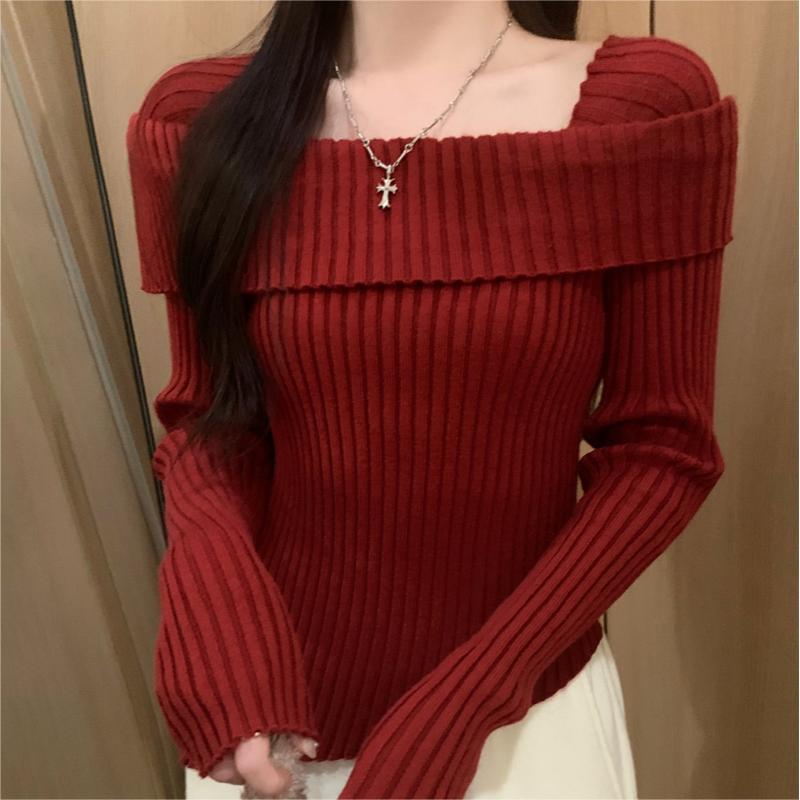 qgtao 2000s fashion 2024 Spring Long-Sleeved off-Shoulder Sweater Top Women's Irregular Slim-Fit Short Split Bottoming Sweater