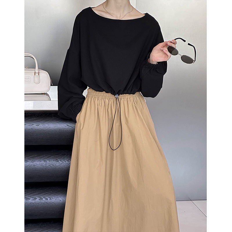 2025 Spring New Top Korean Solid Color Design Sense Drawstring Waist Long Sleeve Short T-Shirt 4525