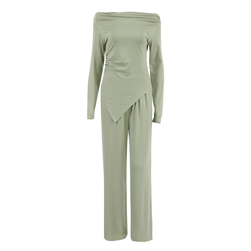 2025 Autumn and winter high-end gray knitted fashion temperament one-word collar long-sleeved high-waisted wide-legged pants commuter casual suit