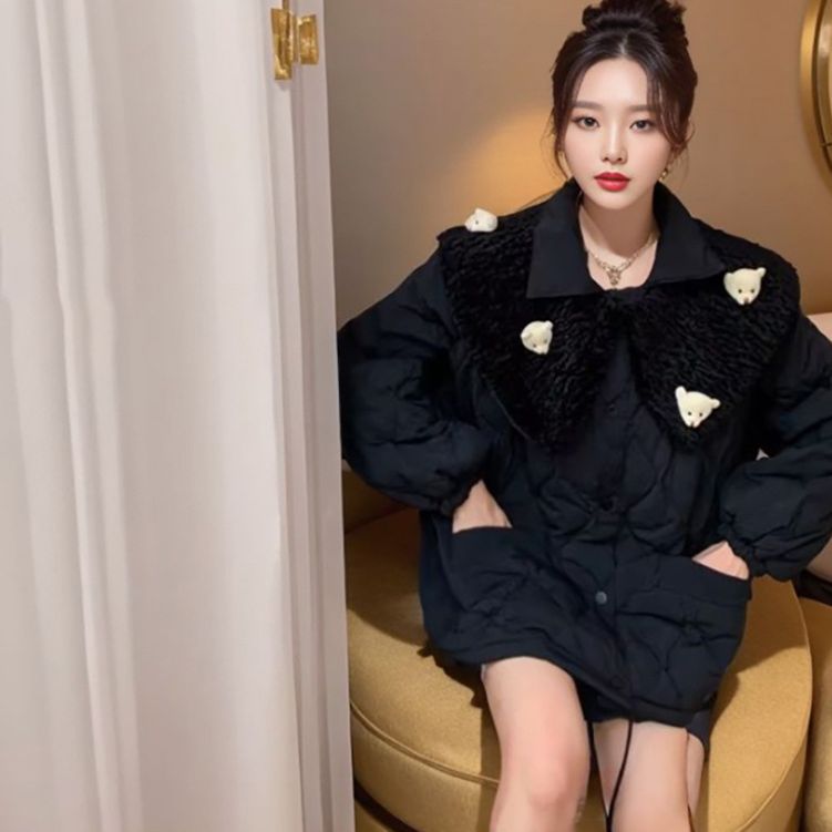 Three-dimensional bear rhombus down cotton-padded clothes for women's  new small winter coat fur collar thickened cotton-padded clothes