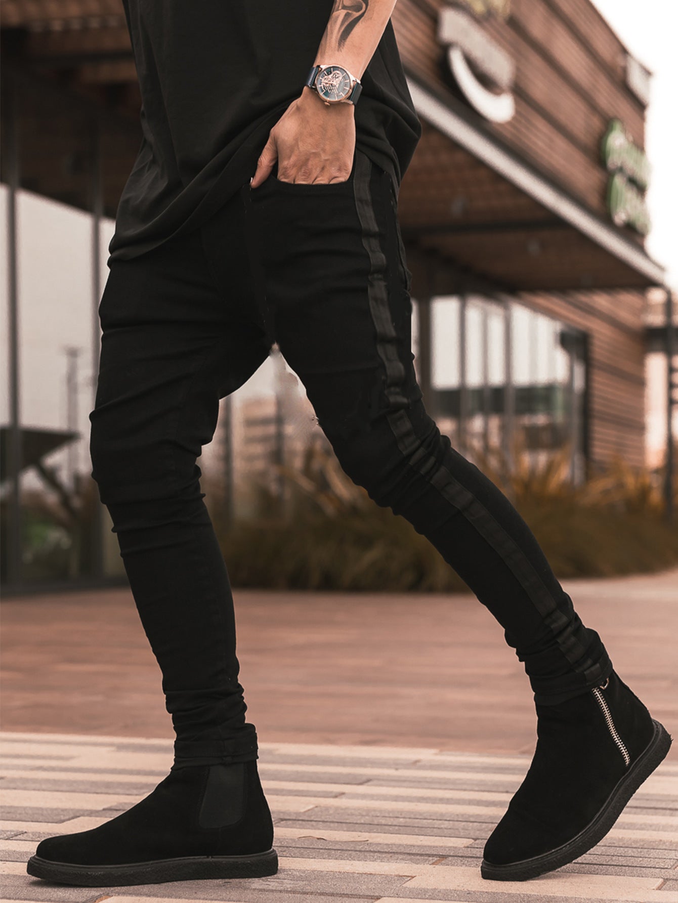 2025 2025 ins new denim men's trousers New Popular trade ripped trend black slim-fitting high-waisted jeans men