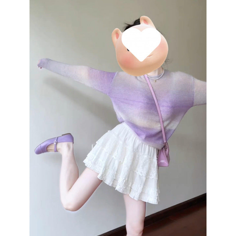 Korean gradual change purple round neck long-sleeved knitted sweater women 2025 spring gentle sweet Popular age reduction chic suit