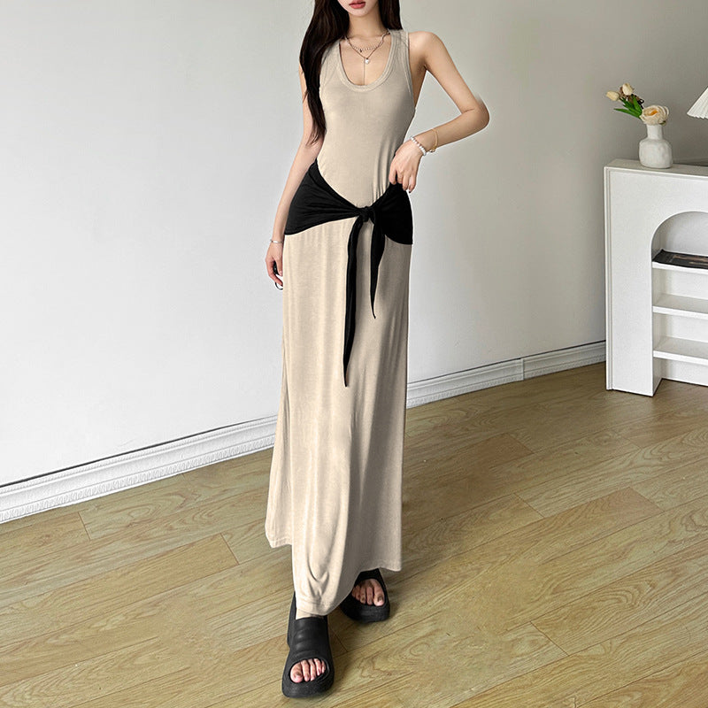 2025 style popular summer new women's clothing high-end temperament loose hip-wrapped solid color waist-sealed dress
