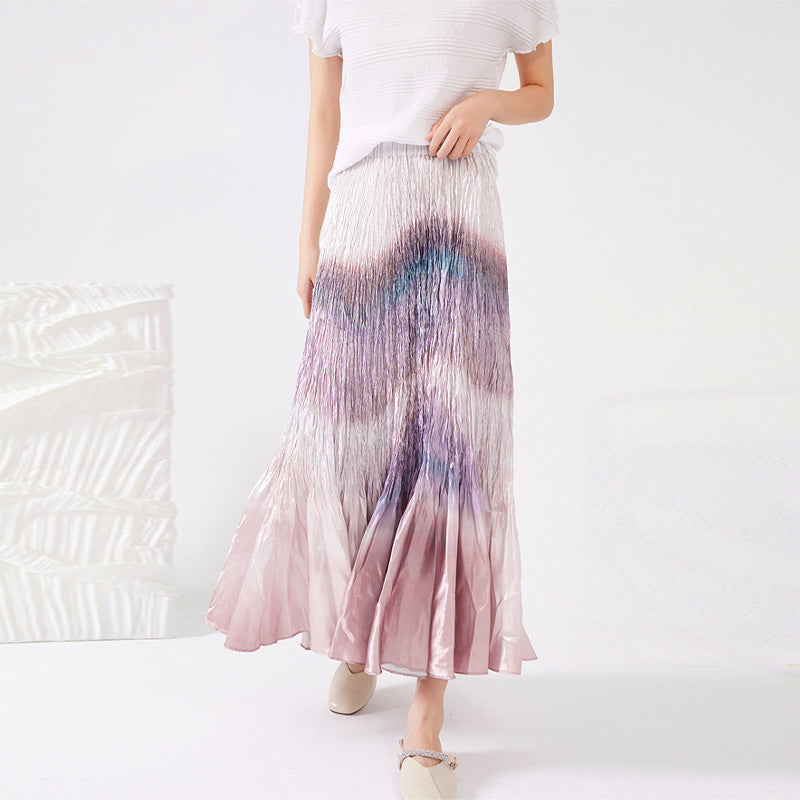 Folded skirt women's summer new spot wholesale high waist three house gradual change fishtail skirt swing long pleated skirt