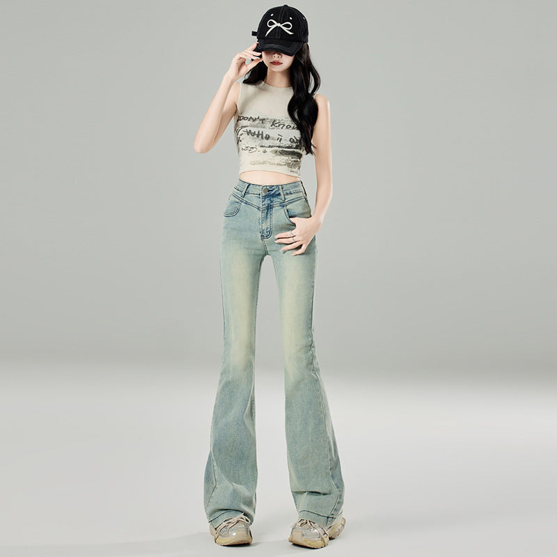 2025 Light blue micro-horn jeans women's popular summer and autumn new high-waisted retro design horseshoe horn pants