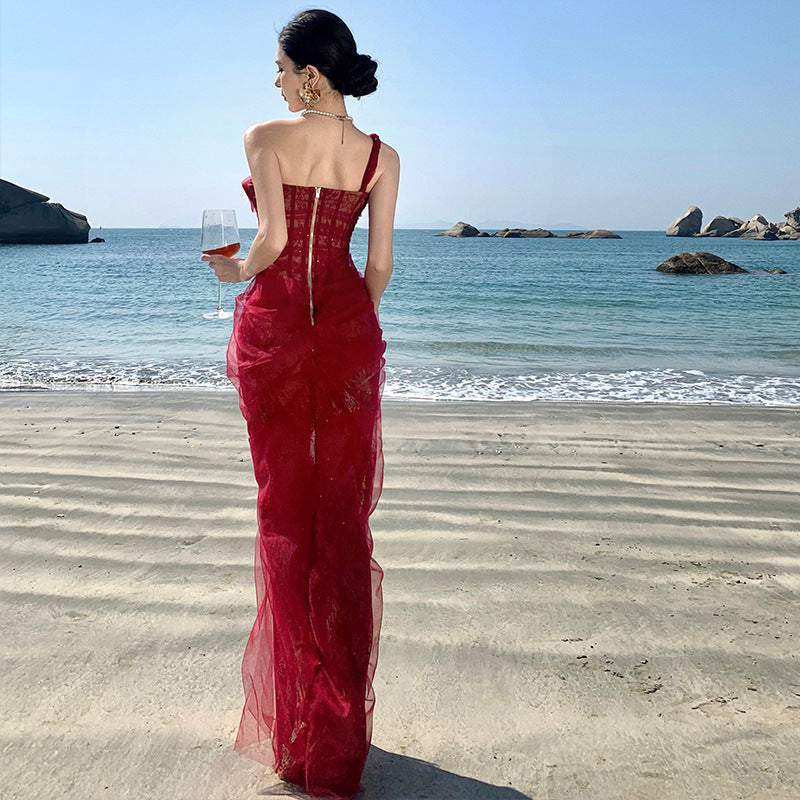 2025 Christmas rose vibe retro red temperament sexy tube top suspender mesh dress annual meeting robe long skirt