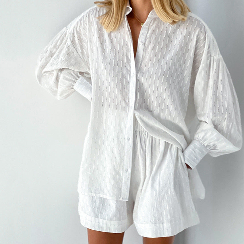 2025 popular Summer Women's Shirts Jacquard Bubble Sleeves Temperament Tops Shorts Commuter Design Casual Suit