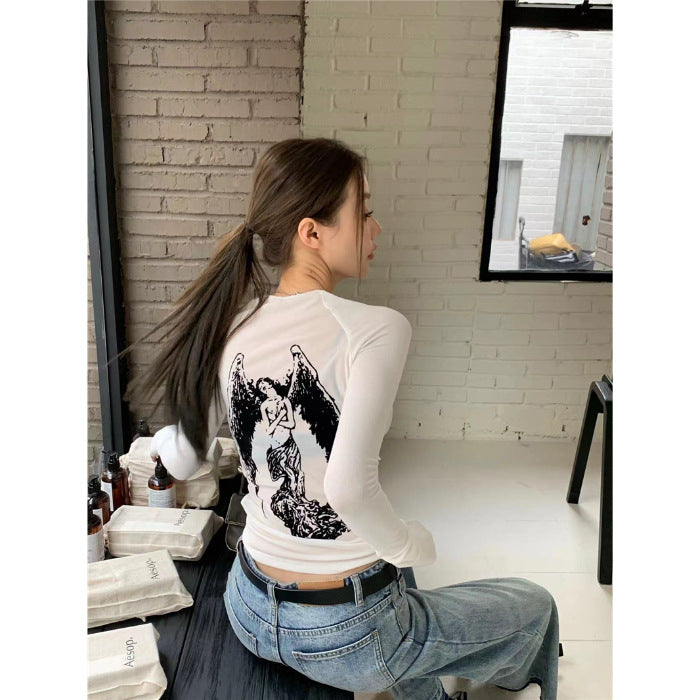 qgtao barn jacket outfits Spring and Autumn Women's Clothing New Y2g Hot Girl Sexy American Retro Style Mesh Angel Printed Long-Sleeved T-shirt Top