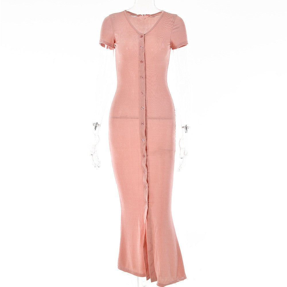 2025 women's clothing new nightclub women's clothing short-sleeved celebrity evening dress long V-neck solid color cardigan dress