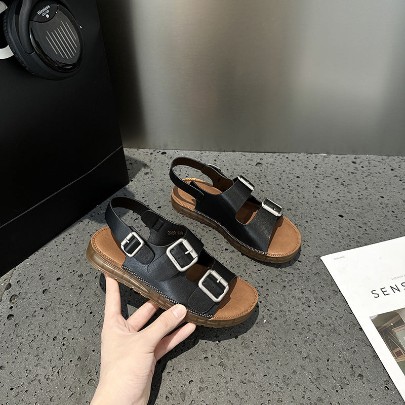 2025 Sandals women's summer wear popular new flat-bottomed thick-soled seaside casual beach Roman shoes