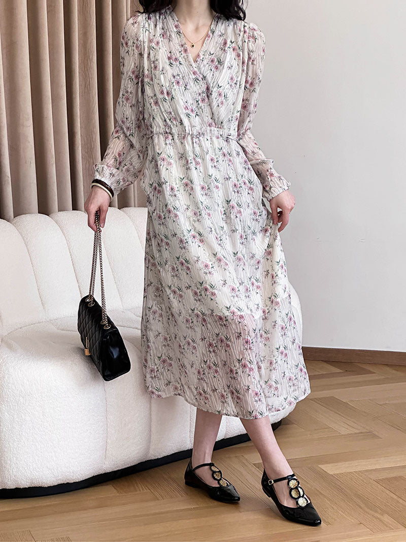 2025 2025 spring new Korean loose V-neck drawstring waist design long floral dress 2303