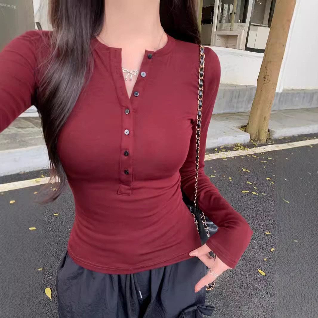 qgtao 2000s fashion Autumn and Winter New American Fashion Retro Niche V-neck Long Sleeve Inner and Outer Wear Bottoming Shirt Slim Slimming Top for Women