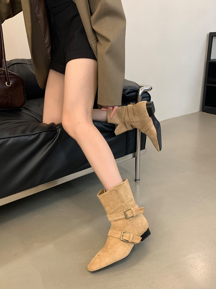 2025 popular new autumn Korean version suede belt buckle short boots thick heel mid heel boots brown western cowboy boots