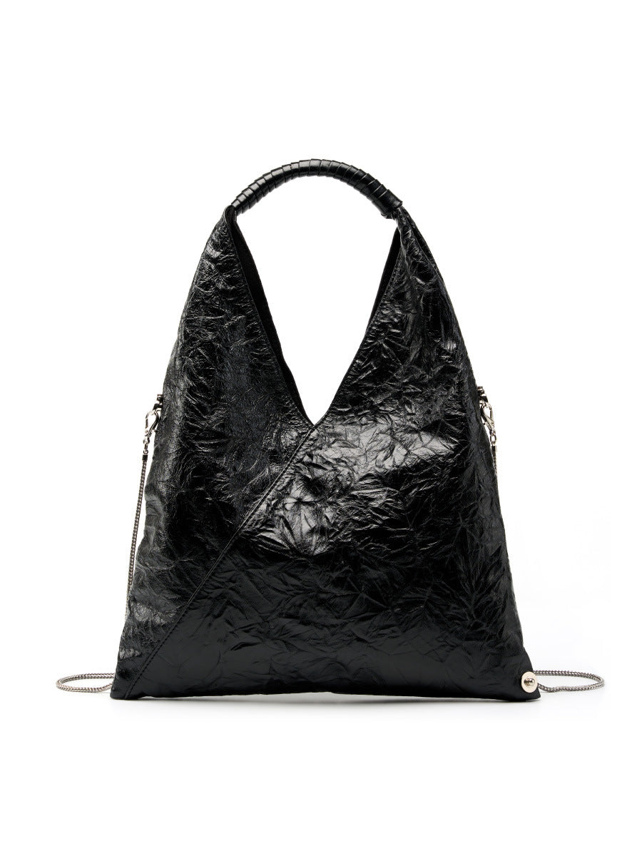 2025 Triangle pleated bag versatile large capacity underarm bag retro tote bag first layer cowhide shoulder bag