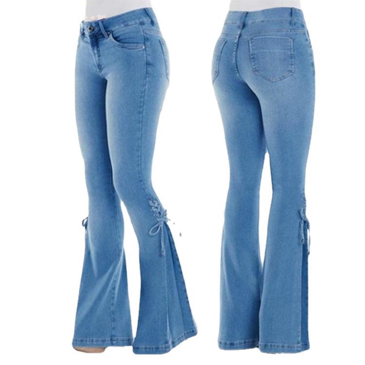 qgtao dream clothes Women's Jeans Mid-Waist Lace-up Denim Trousers Stretch Jeans Women's Flared Pants