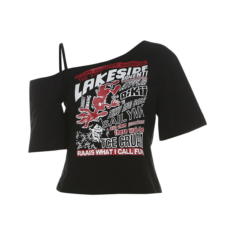 qgtao y2k outfits Style 2024 Summer Women's Clothing New Street Fashion Hot Girl off-the-Shoulder Hollow Printed All-Match Navel Top for Women