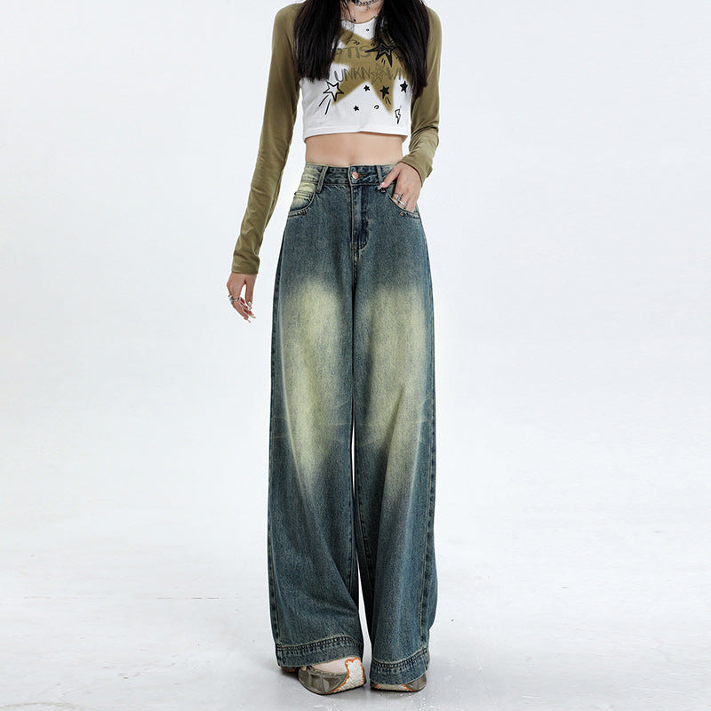 2025 popular retro blue n jeans women's early autumn new heavy industry washed fashion versatile wide leg mopping pants tide