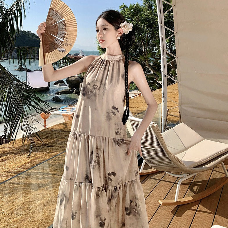 2025 New Chinese style temperament printed long dress apricot high-end sleeveless dress women loose and thin wear women's clothing