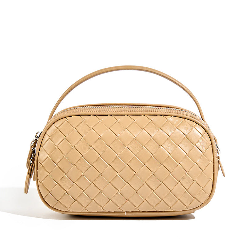 2025 Fashion woven versatile women's bag leather double zipper shoulder bag summer new portable casual bag