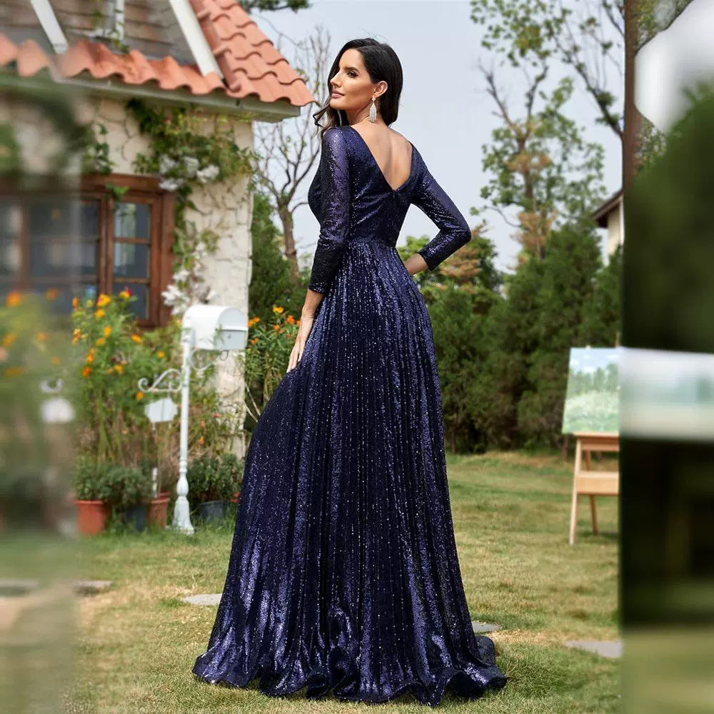 2025dresses new elegant sequins V-neck long sleeves fashion trend banquet dresses factory supply