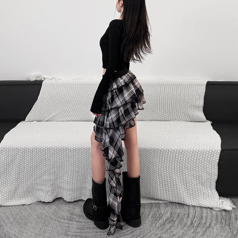 2025 style spring new women's clothing three-dimensional ruffle edge splicing design high-waisted plaid skirt
