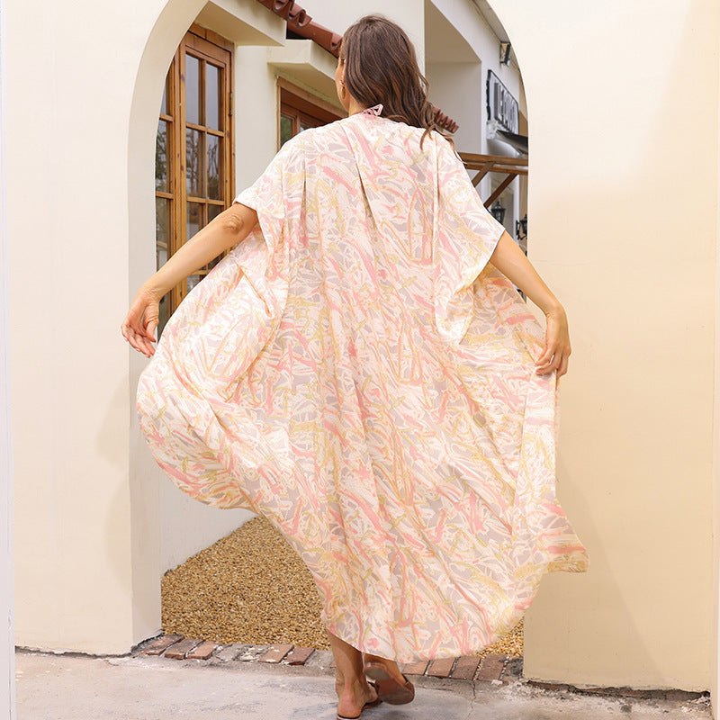 2025 summer new beach with leisure vacation printed beach bikini swimsuit blouse sunscreen cardigan