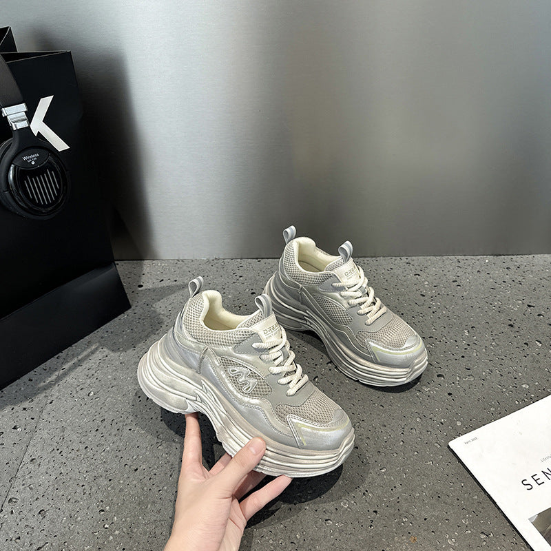 2025 Leather platform dad shoes women's popular autumn new Korean version breathable and versatile, light and non-slip casual sports shoes tide
