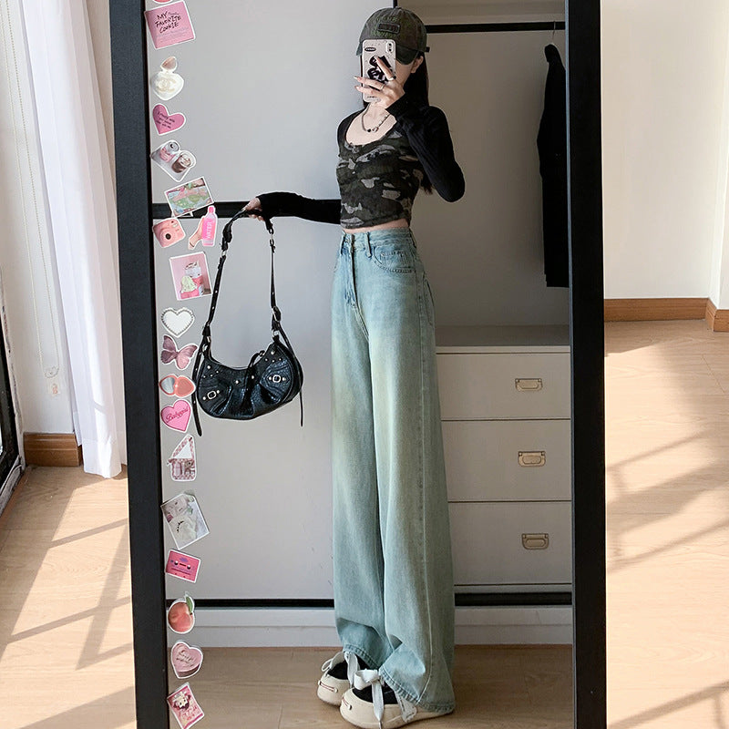2025 Light-colored jeans women's spring and autumn popular new high-waisted loose straight-leg small narrow version mopping wide-leg pants