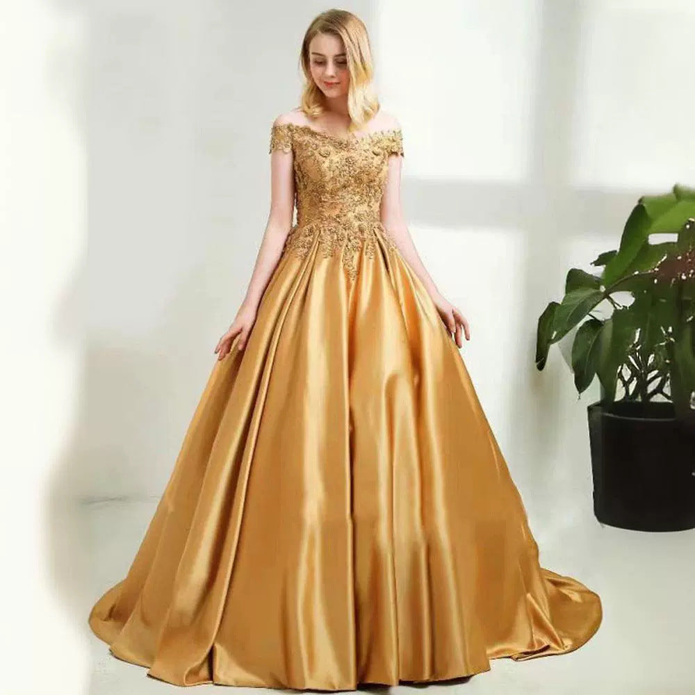 2025Express new applique beaded ball dress one-word shoulder student art exam evening dress