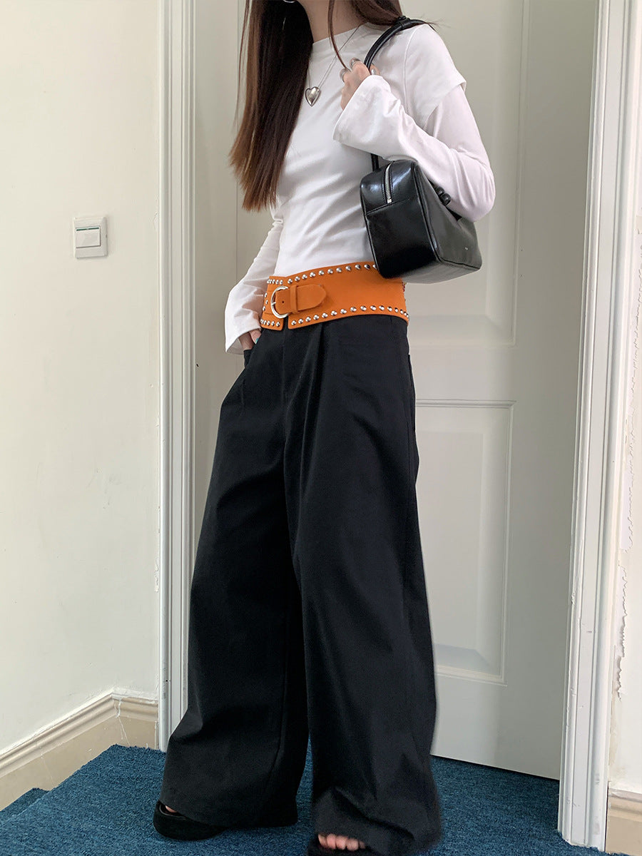 qgtao suede jacket outfit Fish Fashionable Retro High Street Suit Pants Loose Wide Leg Lazy Solid Color Straight Casual Pants