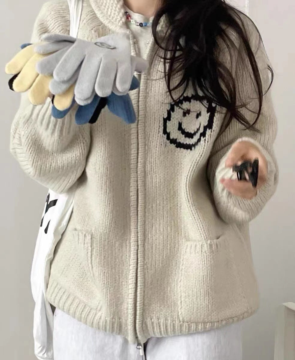 2025 Sports and leisure jacket loose high-end college style loose color matching smiley face zipper wool knitted cardigan jacket