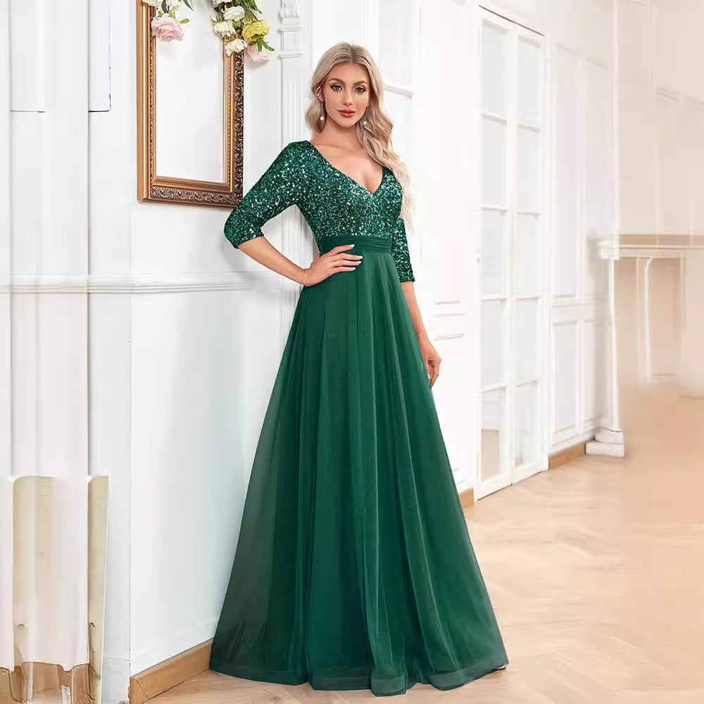 2025new V-neck short-sleeved sequined tulle A-word landing elegant dance evening dress fashion party dress