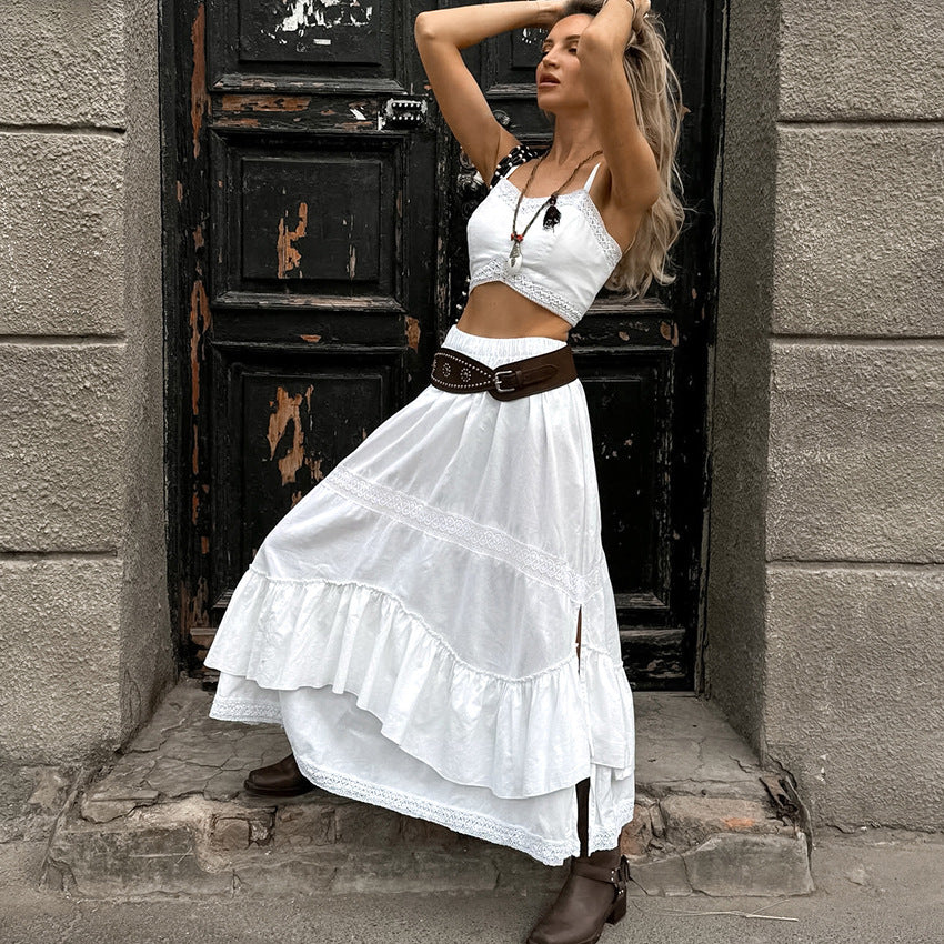2025 spring and summer sexy design sense white cotton and linen suspender square neck short top middle waist split skirt two-piece set