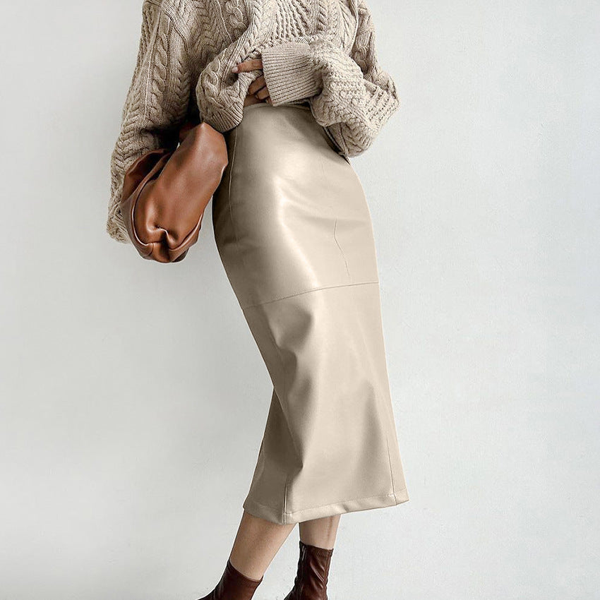 2025 Autumn and winter retro classic khaki velvet matte temperament thin PU leather high waist casual split skirt women