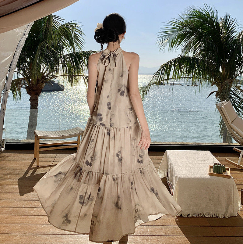 2025 New Chinese style temperament printed long dress apricot high-end sleeveless dress women loose and thin wear women's clothing