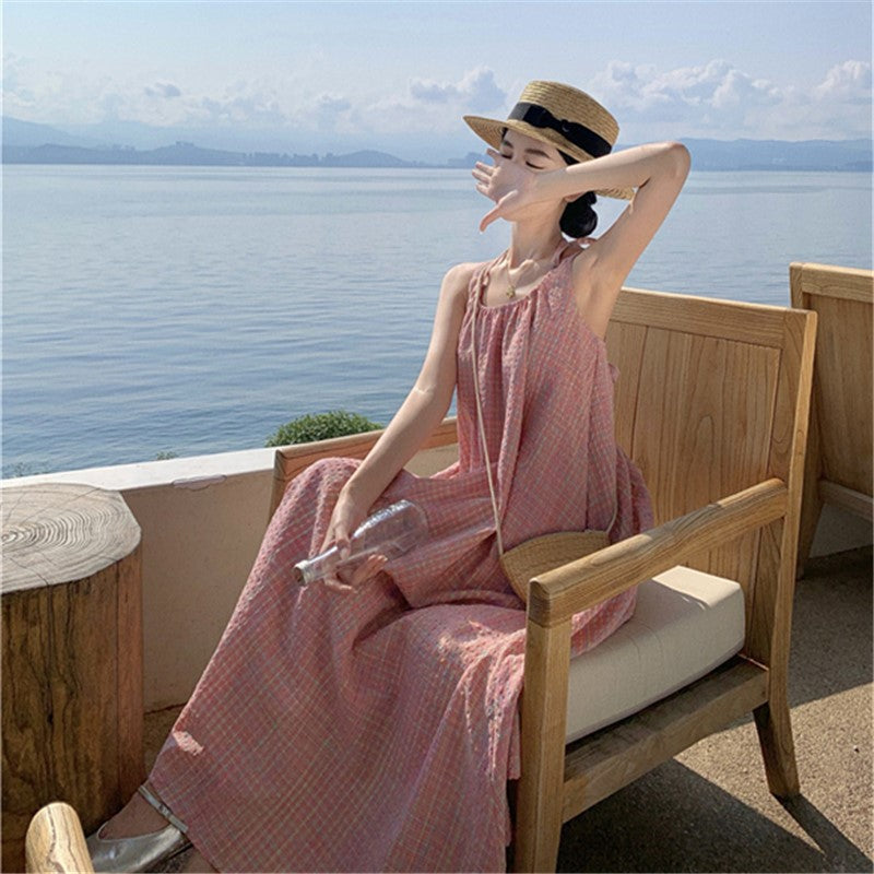 2025 Pink color plaid neck dress women's summer small man pure desire wind sexy backless vacation wind suspender skirt
