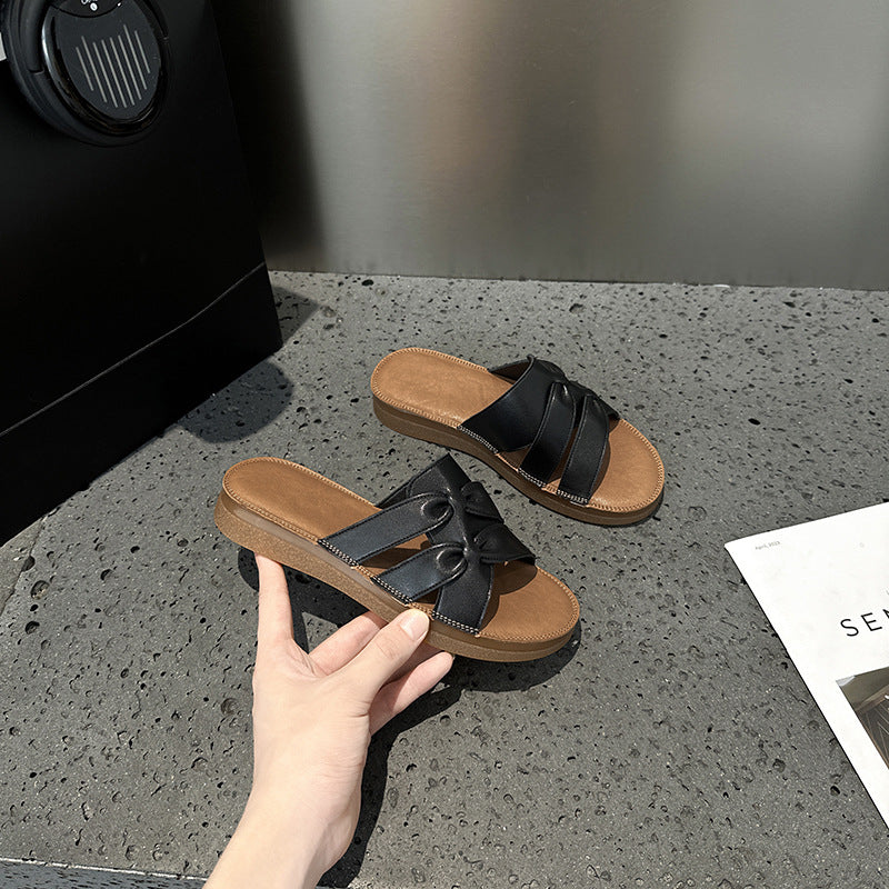 2025 popular slippers women's summer new one-word slippers casual retro comfortable soft-soled flat sandals women's outer wear