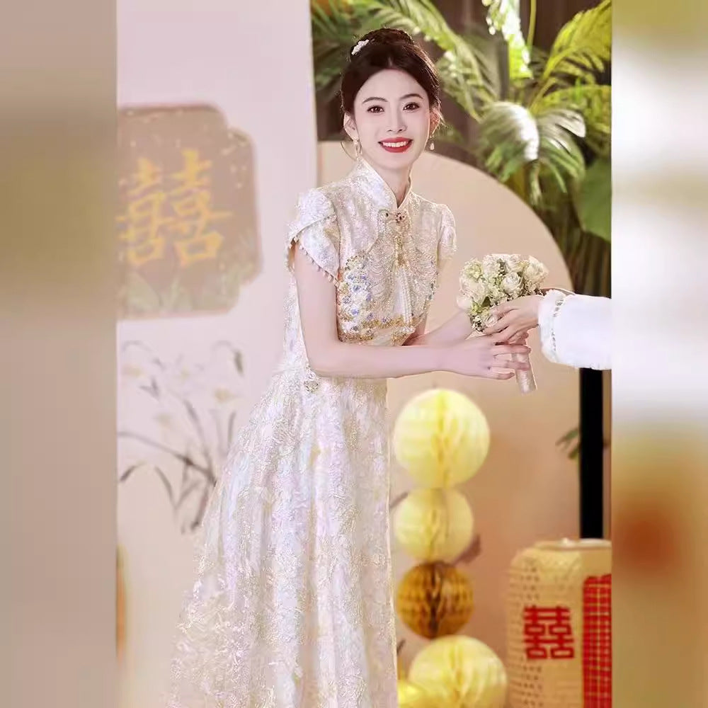 2025Chinese cheongsam toast new sparkling small bride wedding engagement banquet dress dress
