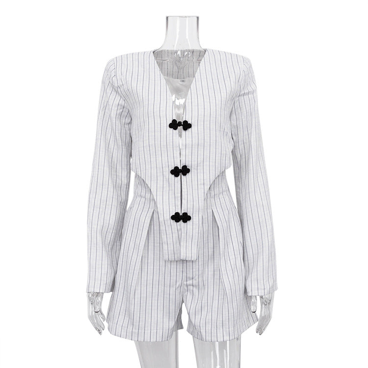 qgtao dti outfits 2024 Spring Women's Clothing New Chinese Style Niche Long Sleeve Deep V Top Coat High Waist Shorts Striped Suit