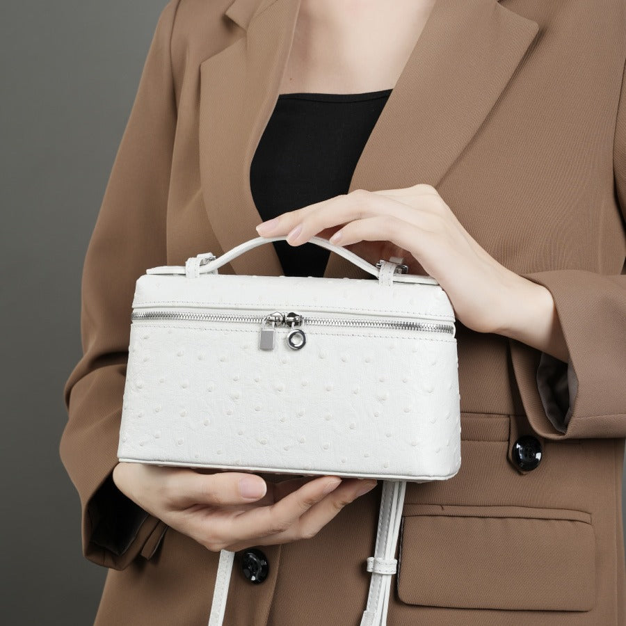 2025 Leather women's bag new high-end lunch box bag, portable cosmetic bag, ostrich pattern shoulder messenger bag.