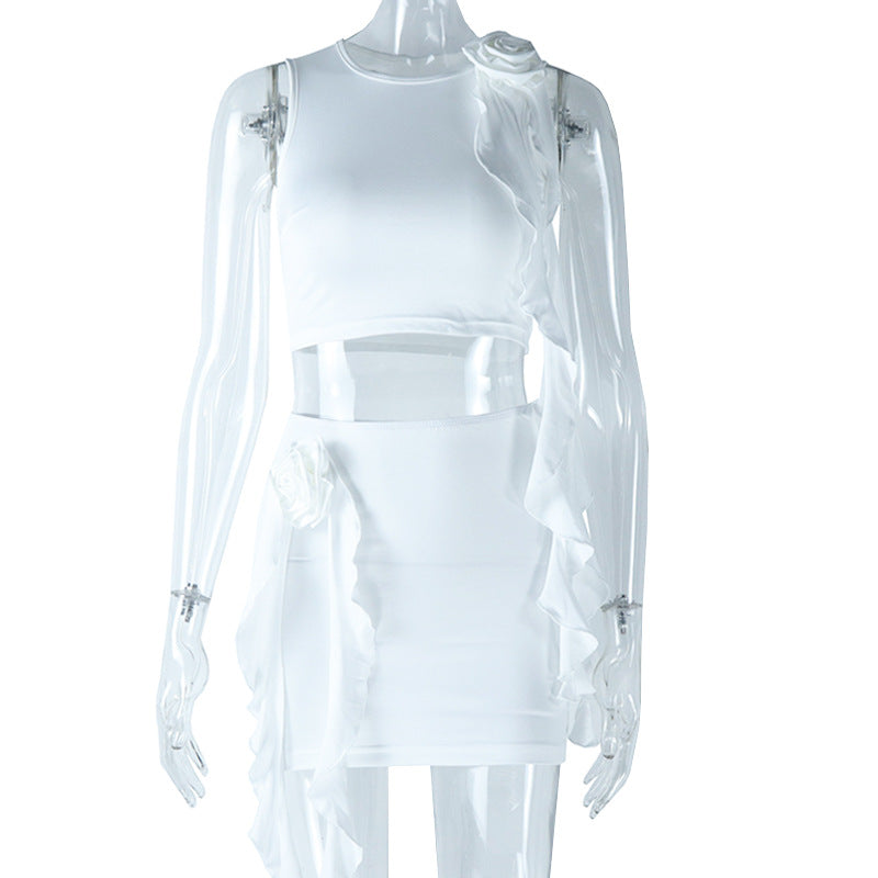 qgtao classy demure mindful dress to impress Style Tight Solid Color Fashion Suit Handmade Floral round Neck Solid Color Navel Top Camouflage Short Skirt Two-Piece Set