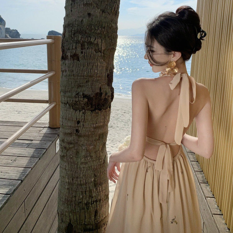 2025 Bead embroidery pinch pleated neck strap holiday dress seaside photo backless splicing sequined suspender long dress women