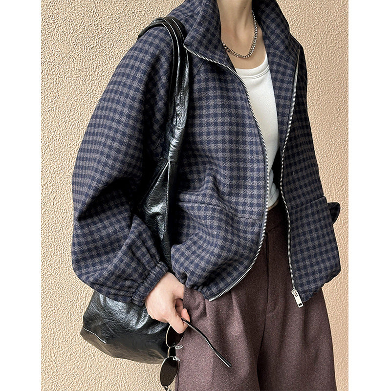 2025 popular autumn new top Korean version retro stand-up collar plaid loose and thin versatile jacket 807-5