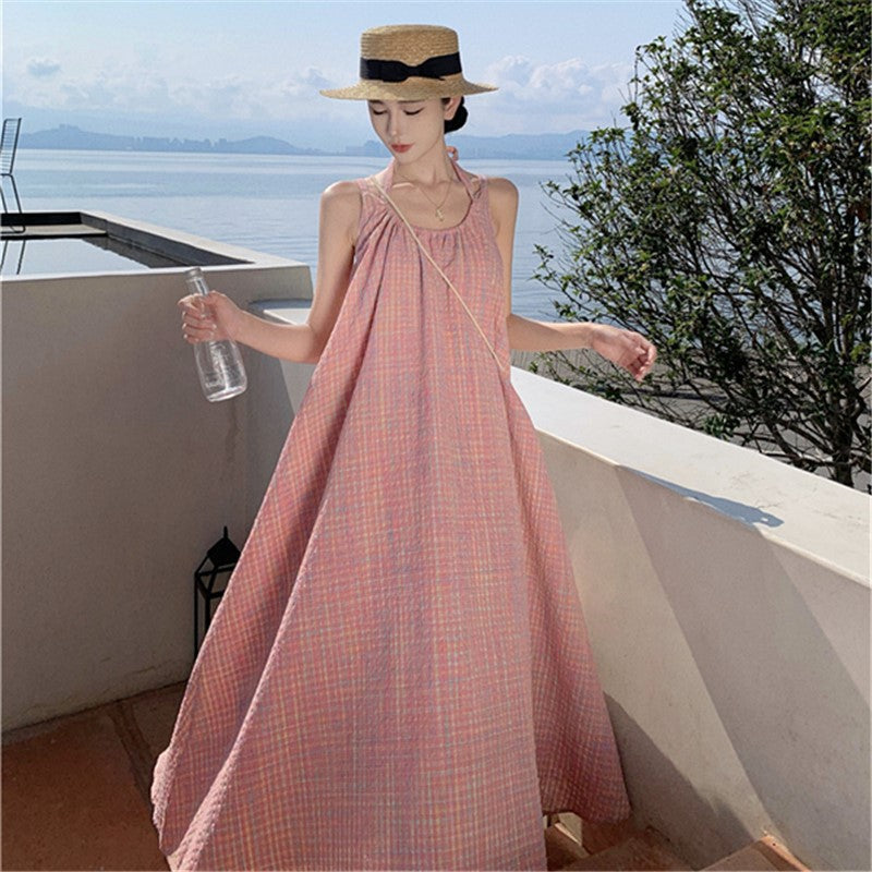 2025 Pink color plaid neck dress women's summer small man pure desire wind sexy backless vacation wind suspender skirt