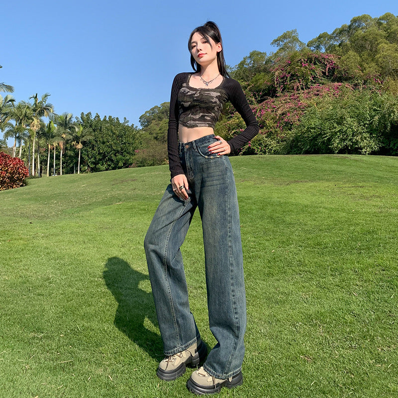 2025 Light blue retro blue black ripped jeans women's high waist and thin design sense straight narrow version loose wide-leg pants
