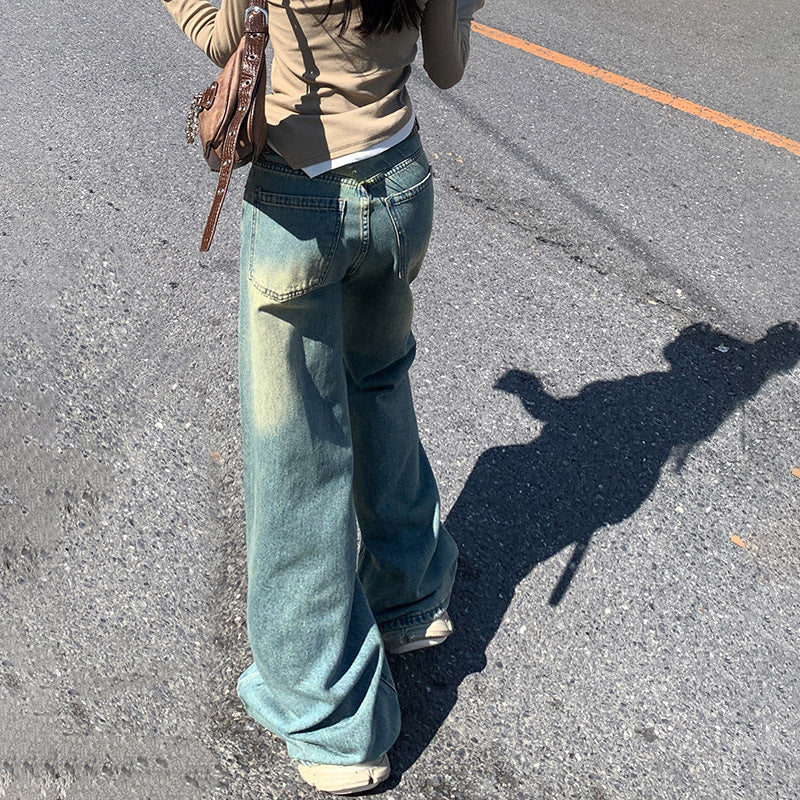 qgtao 90s streetwear Jinyin American Retro High Waist Distressed Loose Wide Leg Pants Early Autumn New Straight Jeans Trousers Lengthened