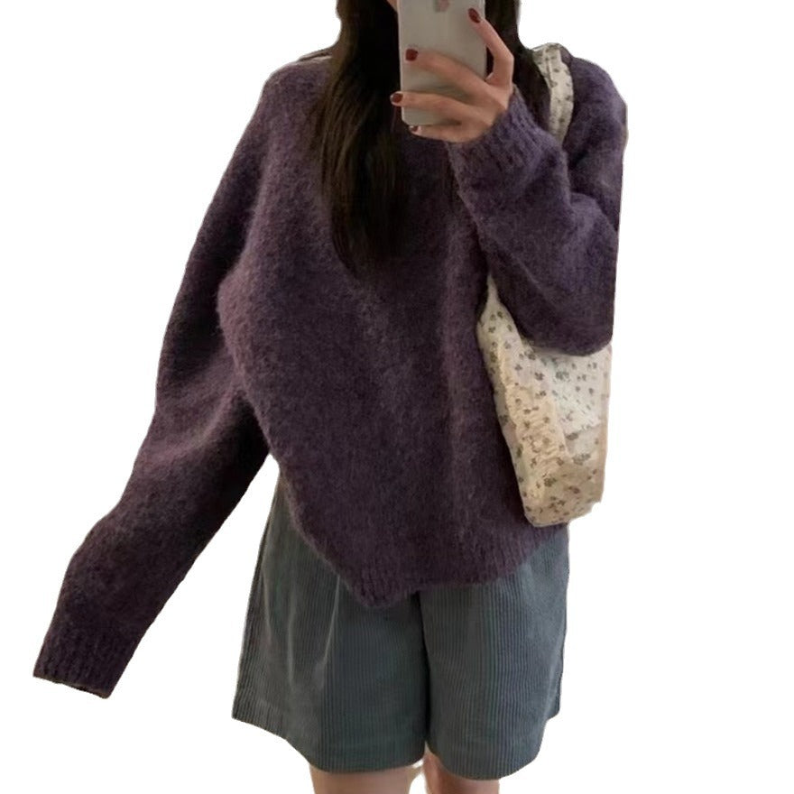 qgtao leapord outfit Gentle Style Circle Yarn Purple Pullover Women's Autumn and Winter New Style Nuo Jiji round Neck Sweater Top Fashion