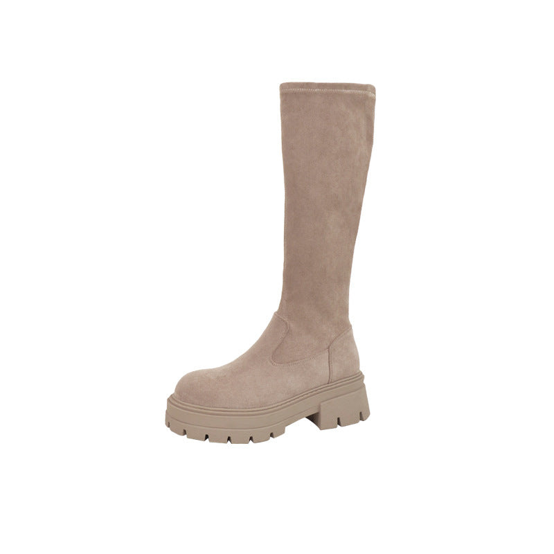 2025 But knee suede boots children thick-soled autumn and winter new thin elastic long tube thin boots flat knight boots