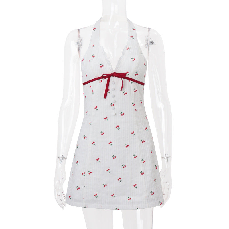qgtao summer outfits inspo INS Style 2024 Summer New Sweet and Spicy Deep V Breasted Backless Cherry Print Waist-Tight Halter Dress Women